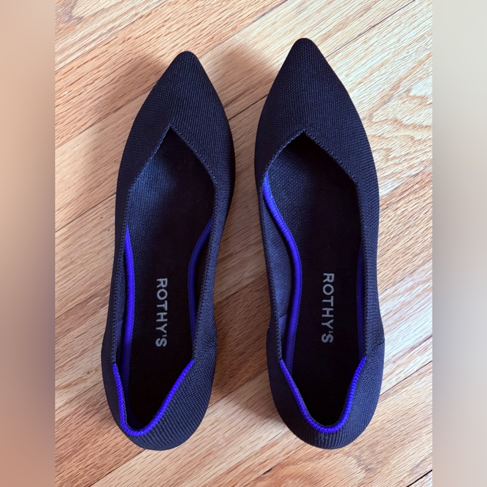 Rothy's The Point II Pointed Flats in Black with Blue Trim - Picture 4 of 5